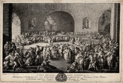 Saint Paul preaches before a small group in a crowded forum in Athens