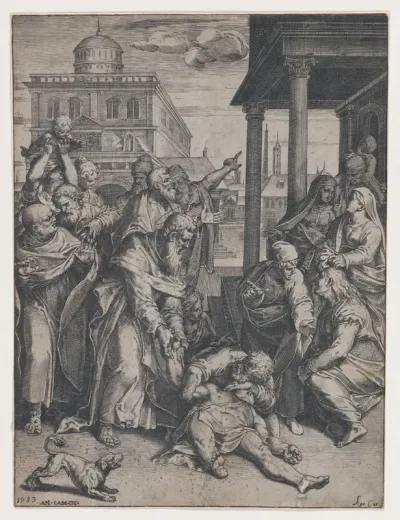 Saint Paul raising Patroclus who is on the ground, surrounded by a group of onlookers, a dog in the foreground at left