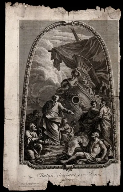 Saint Paul, shipwrecked on Malta, is attacked by a snake which he shakes off into a fire; it does not harm him and the onlookers take him for a god