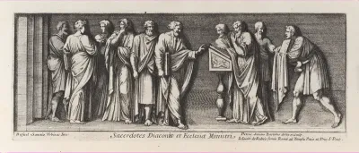 Saint Paul standing before the Proconsul, from a series of 15 plates, depicting Raphael's works for the Vatican stanze and the Sistine Chapel tapestries