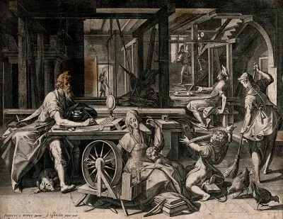 Saint Paul staying in the house of Aquila and his wife Priscilla in Corinth; the family are making tents and Saint Paul is writing