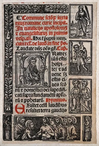 Saint Paul the Apostle, a female saint (Barbara?), Saint Christopher, Saint Peter with Saint Paul, and doubting Saint Thomas with Christ and Apostles
