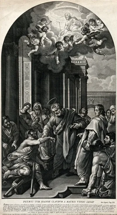 Saint Peter and Saint John healing the lame at the temple gate, above the vision of Christ in heaven