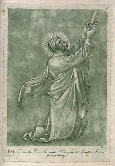 Saint Peter. Colour etching by S. Mulinari after Lorenzo di Bicci