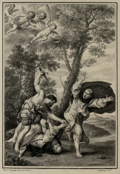 Saint Peter Martyr and his companion attacked by an assassin with a sword