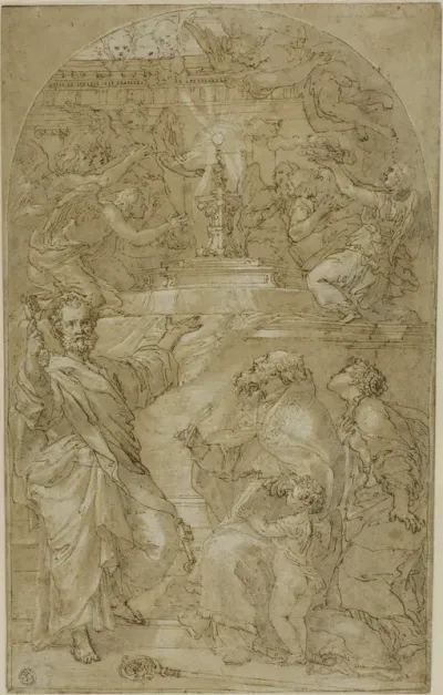 Saint Peter, Saint Augustine and a Female Saint in Adoration of the Eucharist