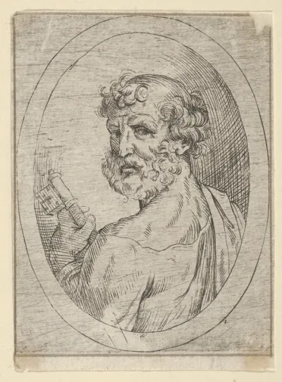 Saint Peter seen from behind, turning to face outwards and holding a key, in an oval frame, from "Christ, the Virgin, and Thirteen Apostles"