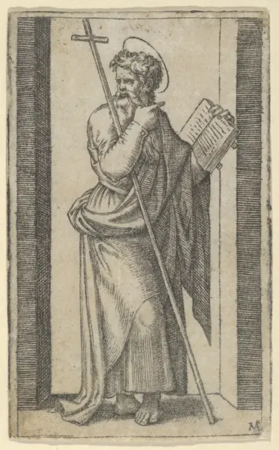 Saint Philip, book in his left hand, staff resting on his left arm, from "Piccoli Santi" (Small Saints)