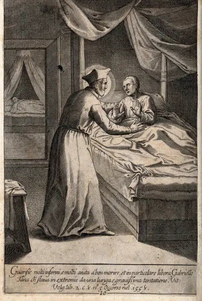 Saint Philip Neri: he comforts a dying man, Gabriele Tana, who has visions of devils