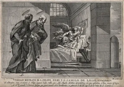 Saint Philip Neri with Saint Camillus de Lellis, an infirmary is shown behind them