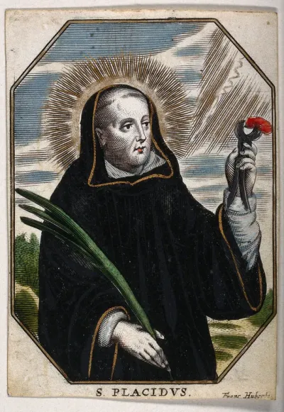 Saint Placidus. Coloured engraving by F. Huybrechts