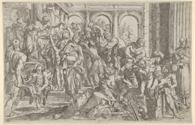 Saint Roch at left distributing alms to a group of people gathered around him