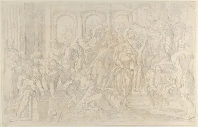 Saint Roch at right distributing alms to a group of people gathered around him, after Annibale Caracci