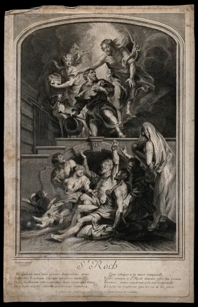 Saint Roch interceding with Christ for the plague victims in a lazaretto