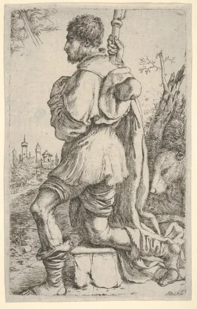 Saint Roch, kneeling on a stone, seen from the side with his dog behind him and a townscape in the background at left