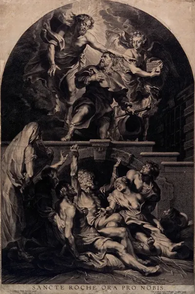Saint Roch, named by Christ as patron of plague-victims; below, people suffering from plague