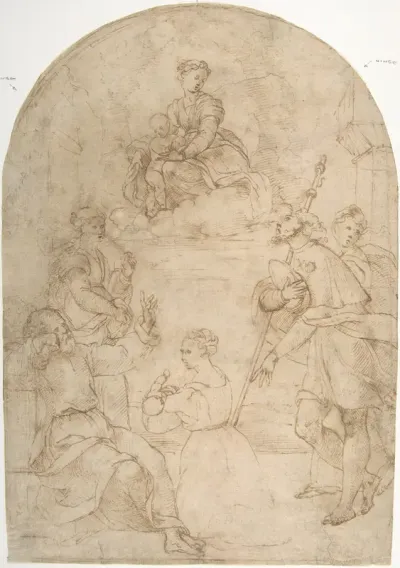 Saint Roch Recommending a Woman with a Sick Child to the Virgin (recto); Figure of a Man Holding a Book; Nude Figure of a Man (verso)
