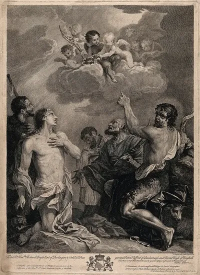 Saint Roch, Saint Sebastian, a male saint, Saint Peter the Apostle (?) and Saint John the Baptist with angels above