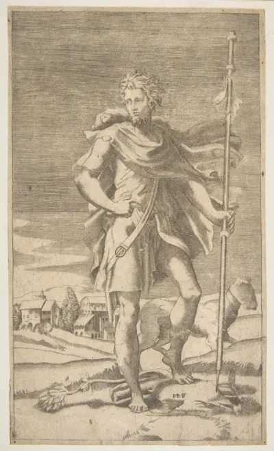 Saint Roch standing holding a staff in his left hand, a dog by his side