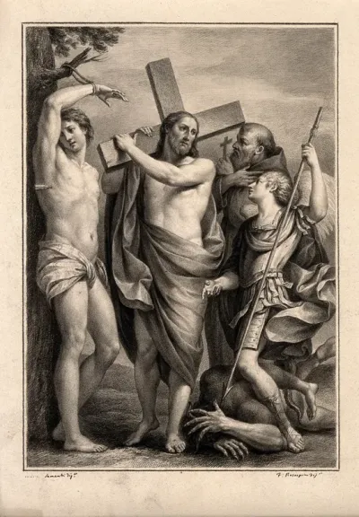 Saint Sebastian, Christ with crucifix, Saint Francis and Saint Michael and a vanquished demon