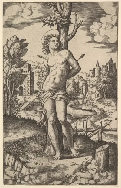 Saint Sebastian tied to a tree and pierced with arrows