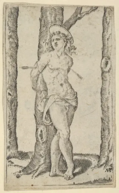 Saint Sebastian tied to tree pierced with arrows, from "Piccoli Santi" (Small Saints)