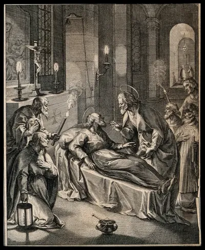 Saint Severin of Noricum awakens from the dead the priest Silvinus, in the presence of five other men