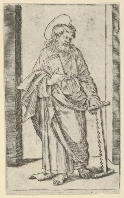Saint Simon, a saw in his lowered left hand, from "Piccoli Santi" (Small Saints)
