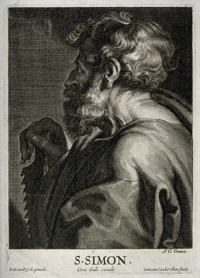 Saint Simon. Line engraving by C. van Caukercken after Sir A. van Dyck