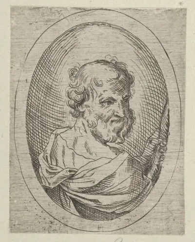 Saint Simon seen from behind, turning to the right and holding a saw, in an oval frame, from "Christ, the Virgin, and Thirteen Apostles"