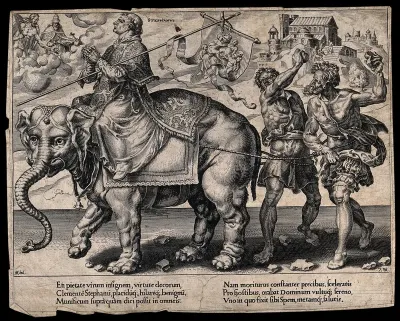Saint Stephen riding on an elephant; representing the triumph of patience