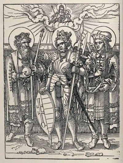 Saint Stephen, Saint Ladislas with Saint Emeric and Saint Mary (the Blessed Virgin) with the Christ Child above