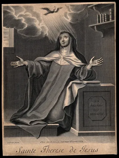 Saint Teresa of Avila: she kneels in her convent cell as the Holy Ghost shines on her