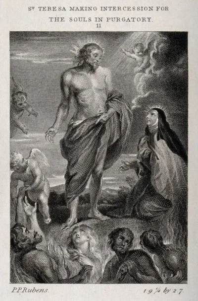 Saint Teresa: she is encouraged by Christ to bring aid to Bernardino de Mendoza in purgatory by building a convent on land given to her by Bernardino