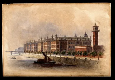 Saint Thomas's Hospital, Lambeth, viewed from upstream on the Thames, perhaps from Lambeth Bridge
