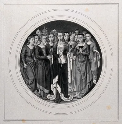 Saint Ursula, holding an arrow, with some of her followers