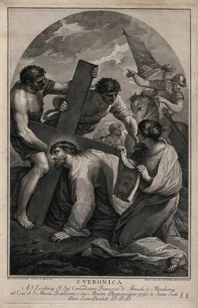 Saint Veronica: Christ falls under the weight of the Cross, Saint Veronica takes an impression of his face on a cloth