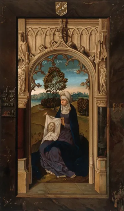 Saint Veronica. Colour lithograph by C. Schultz, 1865, after H. Memling, 1479