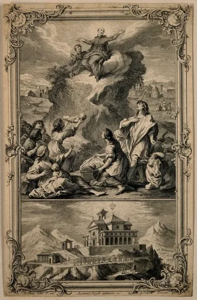 Saint Vincent de Paul receiving supplications from mothers; below, a procession approaches a church