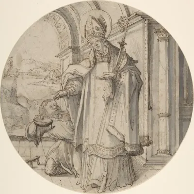 Saintly Prelate Distributing Alms
