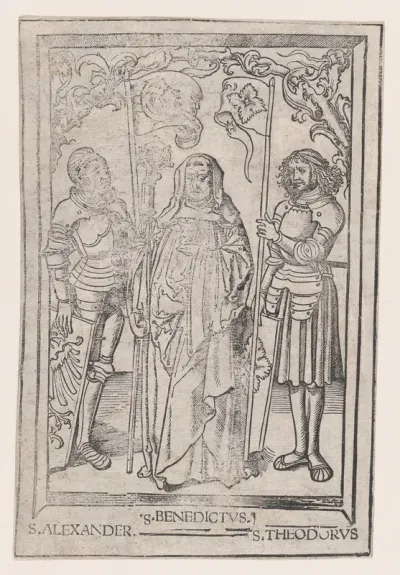 Saints Alexander and Theodore flanking Saint Benedict