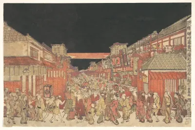 Sakaichō Fukiyachō Kaomise Yoshibai no Zu — Utagawa Toyoharu Kanvas Tablo