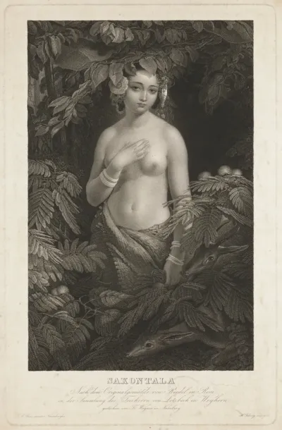 Śakuntalā, standing in foliage, with deer