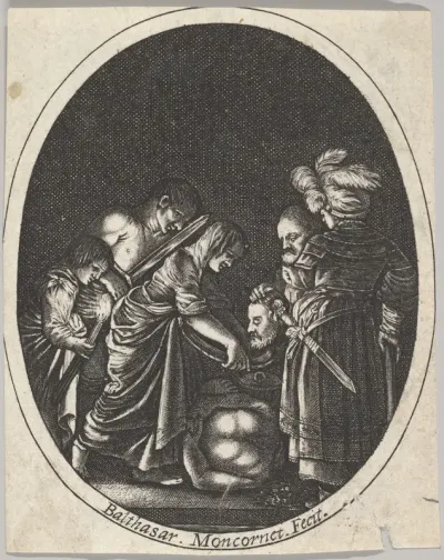 Salome receiving the head of John the Baptist, surrounded by three men and a child bearing a torch, the Baptist's body lies on the ground