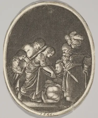 Salome receiving the head of John the Baptist, surrounded by three men and a child bearing a torch, the Baptist's body lies on the ground