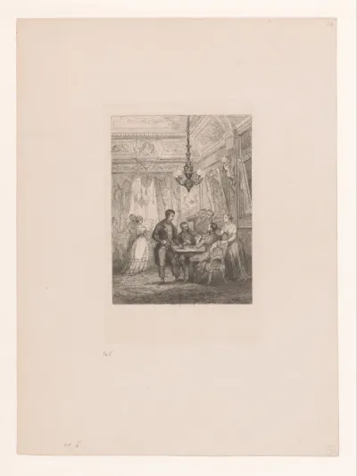 Salon met groep kaartspelers aan tafel