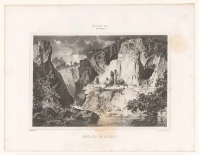 Salvator Rosa aan het werk bij een roversbende in berglandschap
