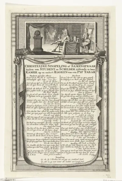 Samenspraak tussen een student en een schilder over het roken van een pijp, ca. 1700
