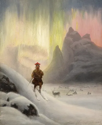 Sami on skis in northern lights