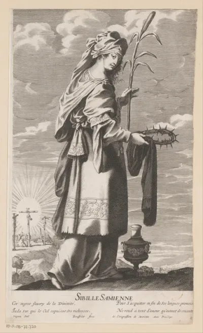 Samische sibille, met op de achtergrond de kruisiging van Christus